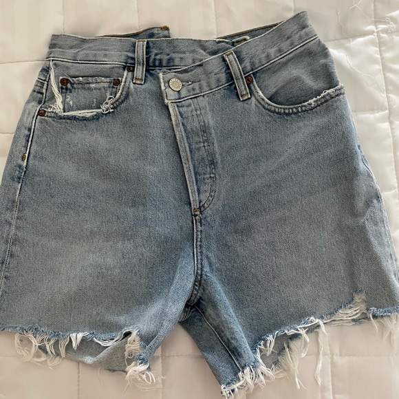 Agolde Light Blue Frayed Hem Jean Shorts - Picture 1 of 3
